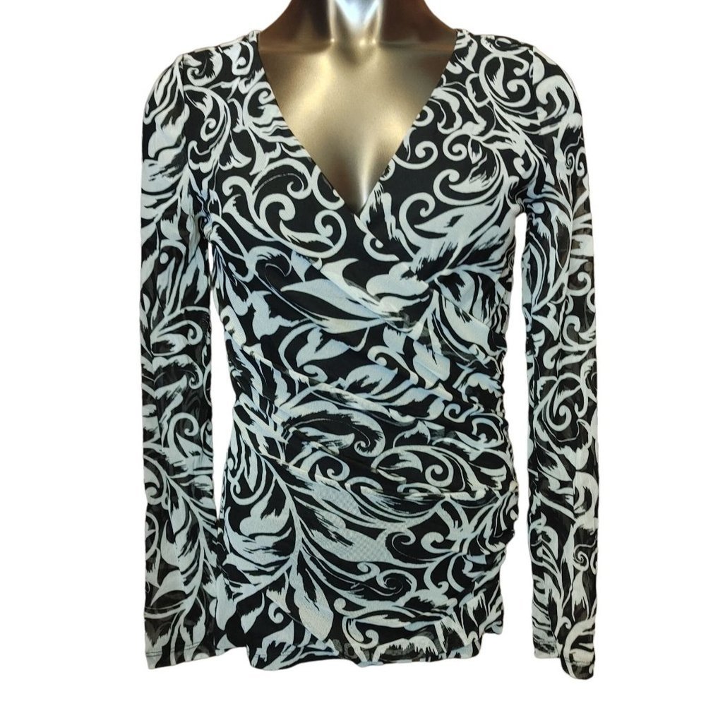 INC International Concepts Womens M Black Floral Scroll Faux Wrap V-Neck Blouse